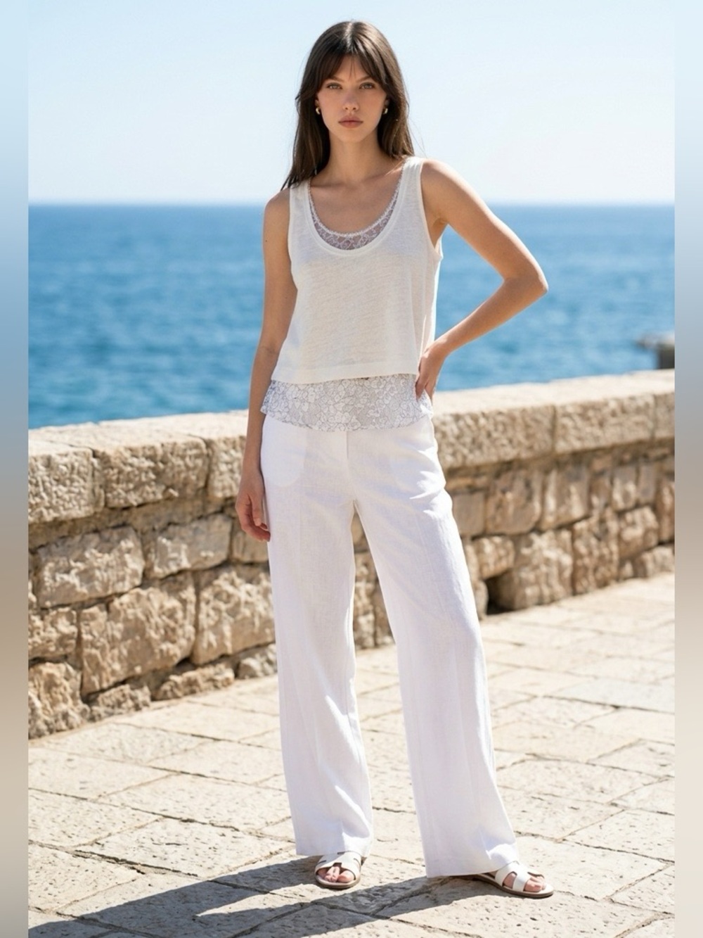 Claudie Pierlot Solid knit linen re-embroidered lace Tank Top